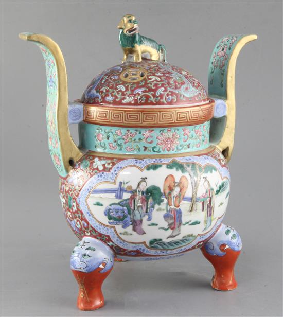 A Chinese famille rose enamelled tripod censer and cover, Qing dynasty, Jiaqing/Daoguang period, 27.5cm high, restoration